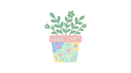 Obraz premium Cute Hand-Drawn Potted Plant Illustration with Pastel Flowers and Patterns