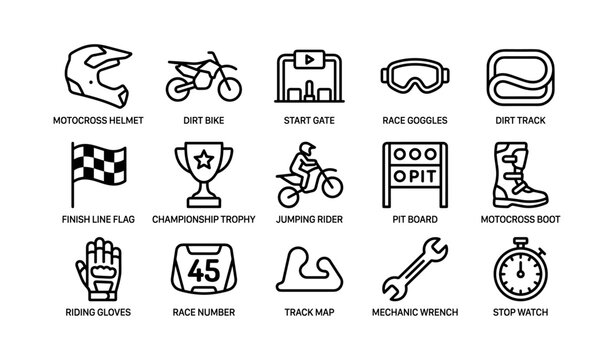 Motocross icons grid showing racing gear and track elements