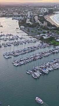 Aerial view of yachts and boats moored at Mooloolaba Marina, Sunshine Coast Queensland
