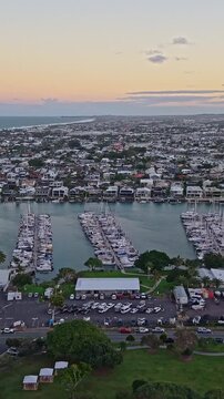 Aerial view of yachts and boats moored at Mooloolaba Marina, Sunshine Coast Queensland