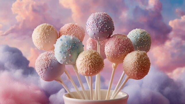 Colorful cake pops with sparkling sprinkles stand tall in a white cup, showcasing a delightful array of pastel hues against a dreamy cloud backdrop, creating a playful dessert scene