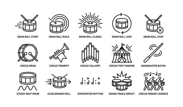 Drum and circus instrument icons arranged in grid on white background
