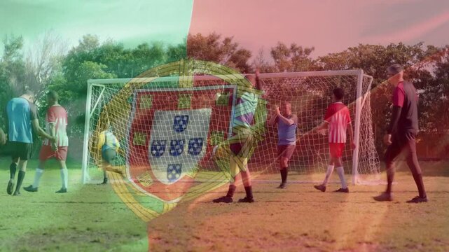 Soccer attacker shooting backs diving keeper saving ball at net faint red-green crest masking field