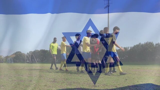 Soccer teams shaking hands grouping around ref settling dispute on pitch, star flag covering frame