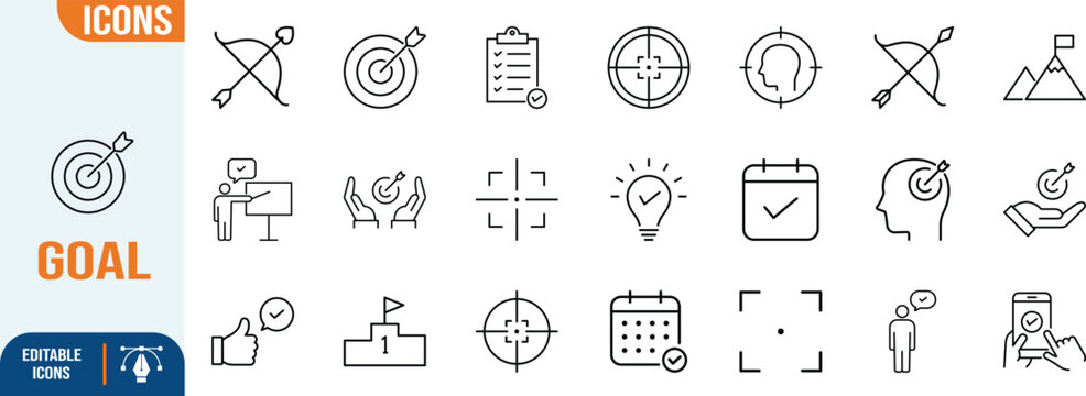Goal setting and achievement icons. target icon set, bow icon set, clipboard icon set