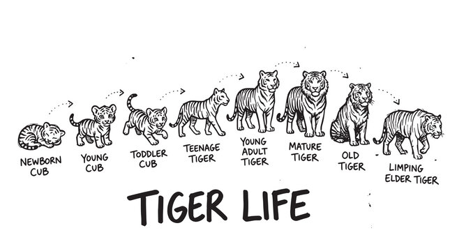 Tiger life cycle stages from newborn cub to limping elder tiger illustrations.
