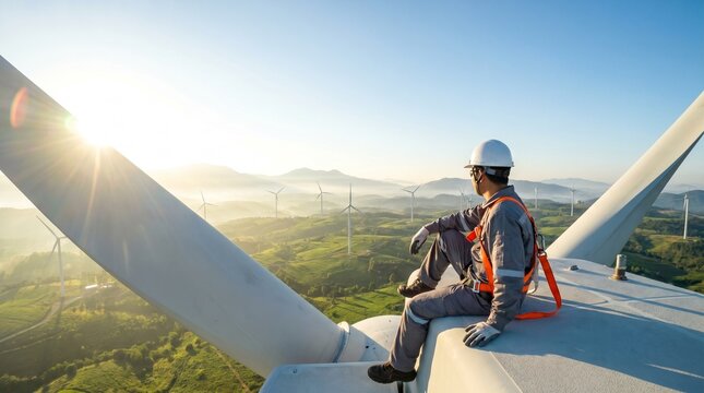 A male engineer in safety gear surveys a vast wind farm from atop a turbine, under a bright sun with rolling hills in the distance