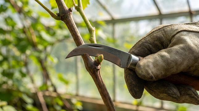 Gloved hand pruning grape vine in greenhouse | Professional viticulture maintenance with pruning knife | Gardening tools for spring vine care | Harvesting and plant propagation techniques