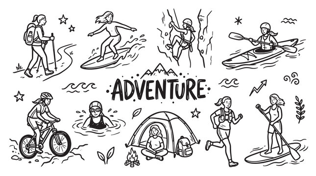 Outdoor adventure and extreme sports activities with women in hand drawn doodle style.