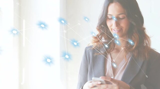 Woman tapping smartphone by window, generating blue network over face while showing business data