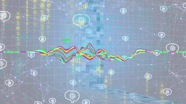 Multicolored waveform responding to binary streams, rising and reshaping while node icons glowing