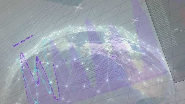 Globe appearing over grid, nodes pulsing, graphs rising left, panel shifting, showing data spikes