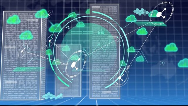HUD ring pulsing and rotating, central servers spawning clouds and forming rising network graph