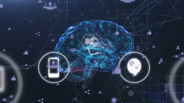 Hologram neural brain pulsing as incoming circular badges appearing, arranging to show network flow