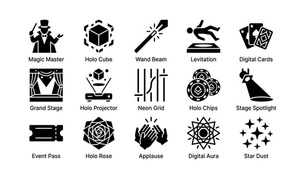 Stage magic and hologram icons for performance and events