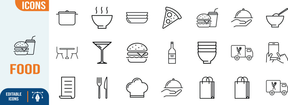 Food restaurant cooking and delivery icons. pizza icon set, burger icon set, delivery icon set