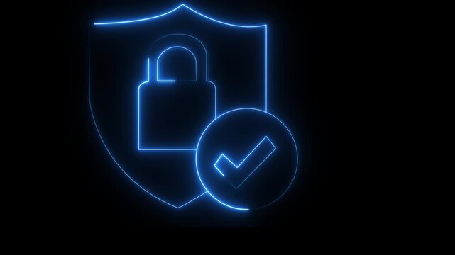 glowing neon blue color lock animation icon security privacy password protection safety animated on black background. 4k motion graphic animation.