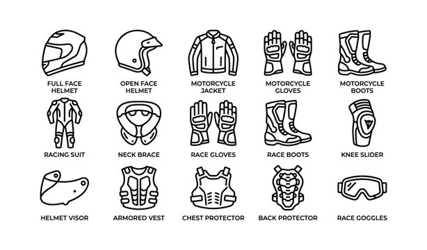 Motorcycle protective gear icons displayed in grid layout