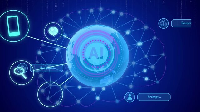 Central AI globe lighting up and forming while icons animating in, linking nodes for data exchange