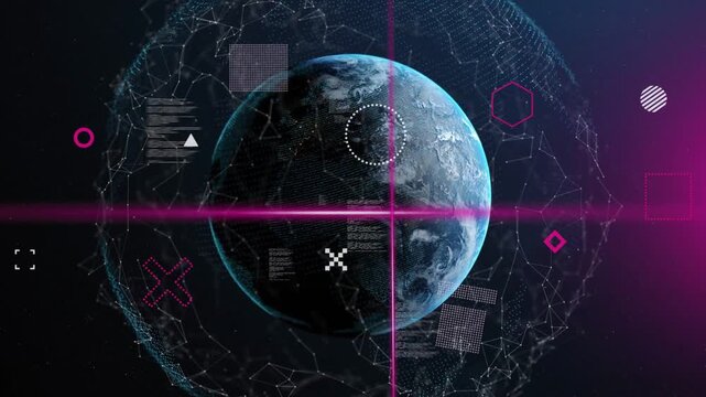 Planet rotating magenta beam appearing right beam aligning into cross HUD orbiting showing data