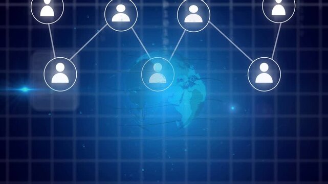 Top node appearing, central user node growing links, side nodes filling, forming network over globe