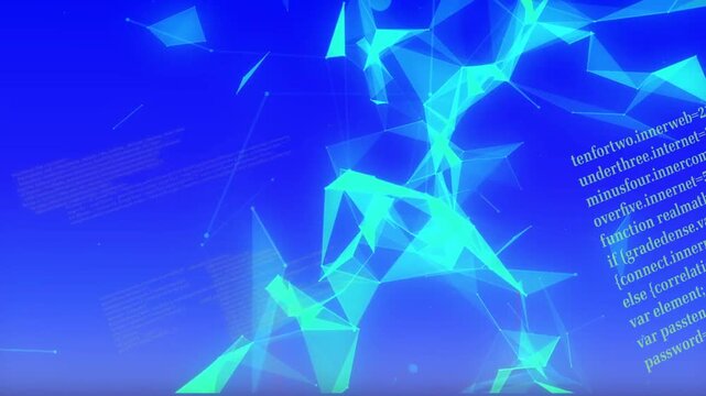 On panels appearing, triangular mesh pulsing and rotating while panels translating, revealing code