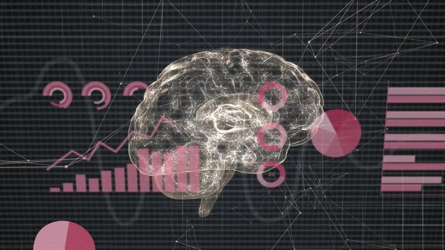 Translucent 3D brain rotating, pulsing on data spike causing magenta charts showing neural metrics
