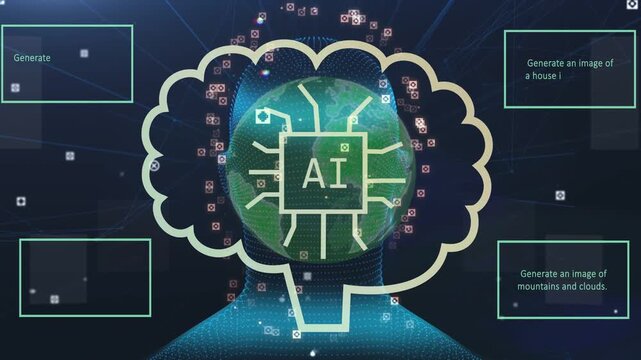 On glowing nodes orbiting head forming globe thought cloud housing AI chip and cards showing ideas