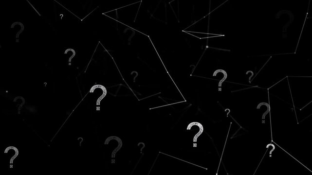 Wireframe network drifting and starting question marks fading in, showing uncertainty and depth