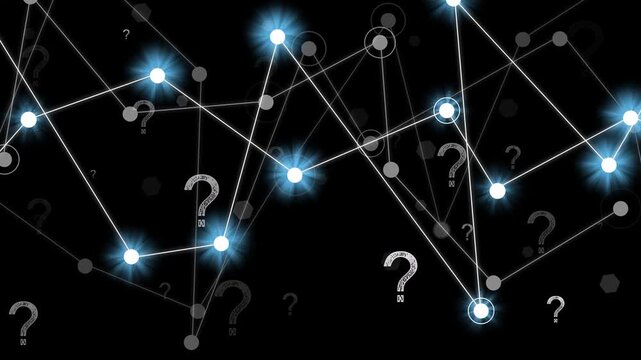 Graph expanding and pulsing after node cluster appearing, showing question marks on black backdrop