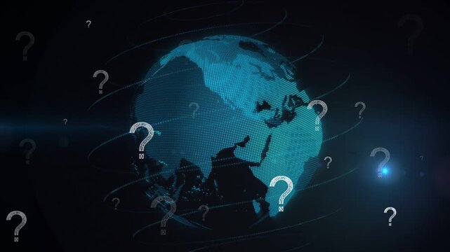 Closeup zooming to cyan globe, cam pulling back, globe rotating, glyphs orbiting, showing questions