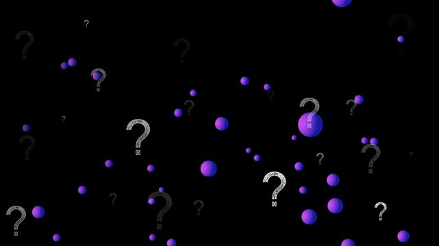 Big purple sphere moving right as small spheres drifting in, question marks fading, showing doubt