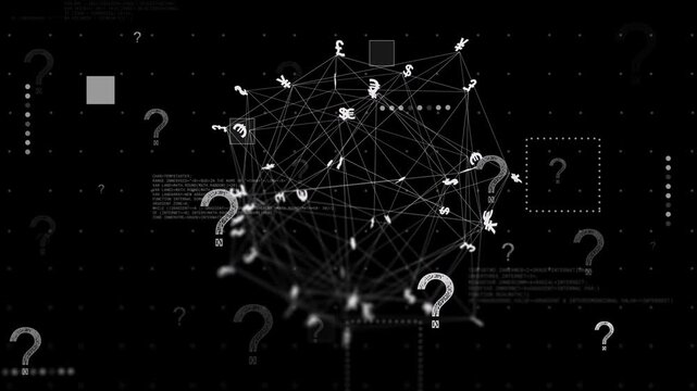 Forming central 3D network rotating, pulsing, carrying money glyphs, showing market doubt over HUD