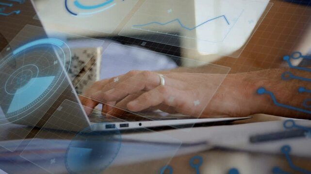 Male hands starting rest, typing on laptop and animating HUD charts, code, showing tech data entry
