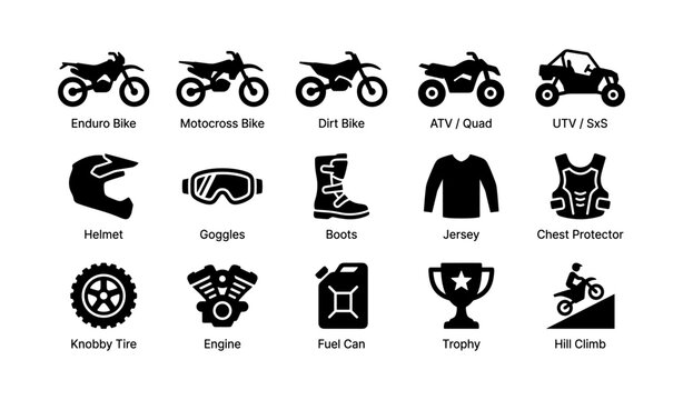 Offroad motorcycle and gear icons displayed on white background