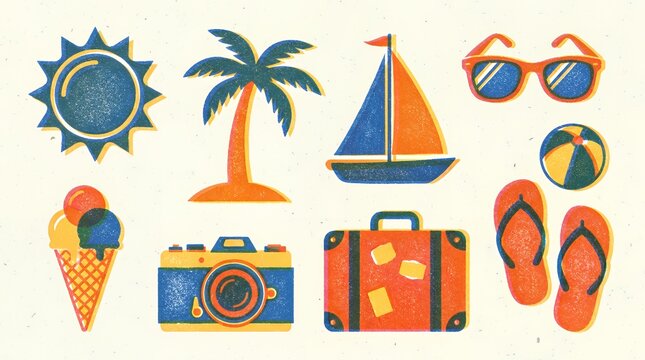 Summer vacation travel icons in a vibrant retro art style featuring a sun palm tree sailboat sunglasses beach ball ice cream camera suitcase and flip flops This set is perfect for design projects rela