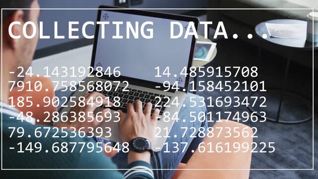 Male developer typing on laptop, initiating COLLECTING DATA overlay and updating numeric stream