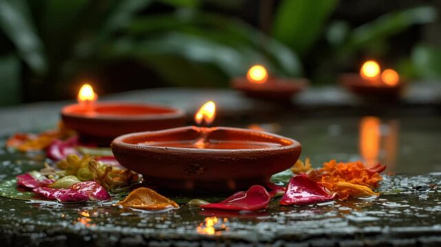 Traditional clay diyas with flickering flames and flower petals on water during Hariyali Amavasya festival in Sawan monsoon