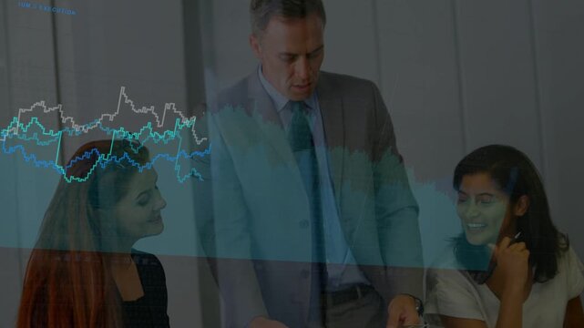 Standing man flipping report and pointing to team, starting chart overlay growing for business