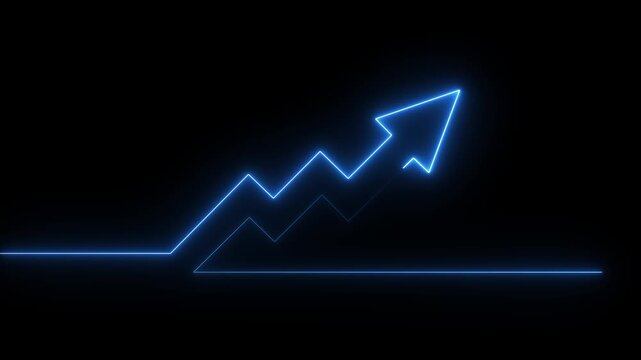 Abstract neon arrow business graph chart icon animation background. Market Recovery Concept. Successful growth trend Green line graph going Up. on the black, background Financial data and diagrams