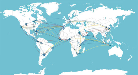 Global map with flight routes across continents © Regina