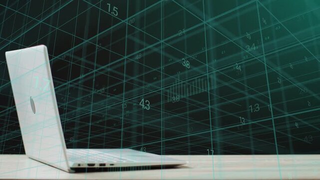 Lid opening, white laptop anchoring left, teal 3D grid expanding and visualizing numeric depth