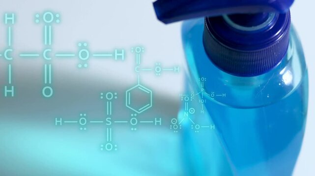 Cyan schematics appearing and expanding, shifting onto blue pump bottle, showing product chemistry