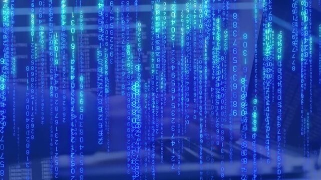 Male dev typing on keyboard and spawning blue data streams while analyzing data on laptop monitor