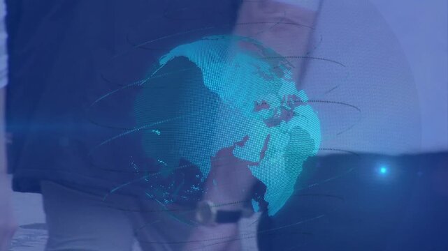 Blue holographic globe appearing, rotating over mall, shoppers passing by, showing global trade