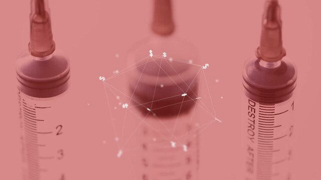 Network forming over central vial nodes pulsing top syringe lowering puncturing stopper for sample