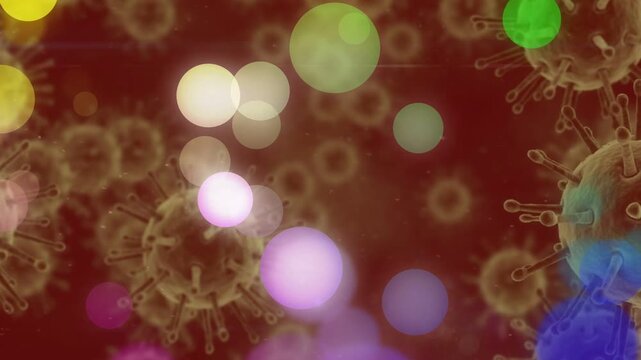 Spiky particle cluster moving forward as colored bokeh orbs emerging and drifting to show depth