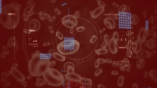 HUD detecting spiky virus, reticle shifting and scanning bars marking for detection amid red cells
