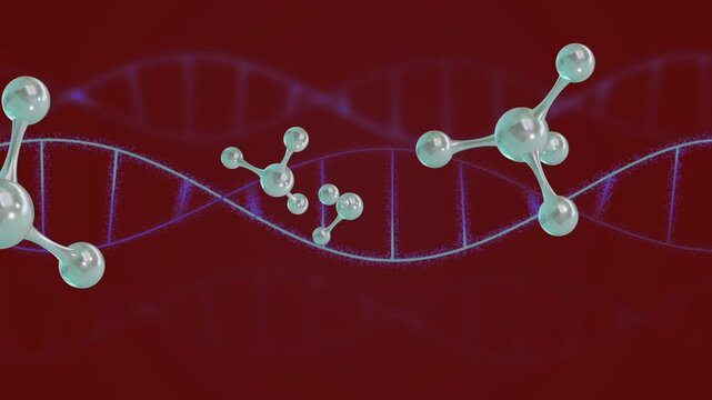 Single teal molecule drifting into blue DNA helix groove others entering clustering showing binding