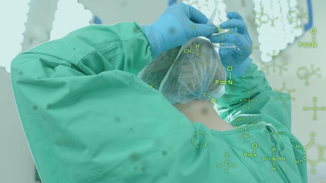 At surgery start female nurse securing cap wearing blue gloves smoothing net, molecules growing